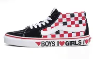 Vans SK8 I Heart checkerboard Valentine's Day limited mid-top sneakers for men and women with the same style black, red and white