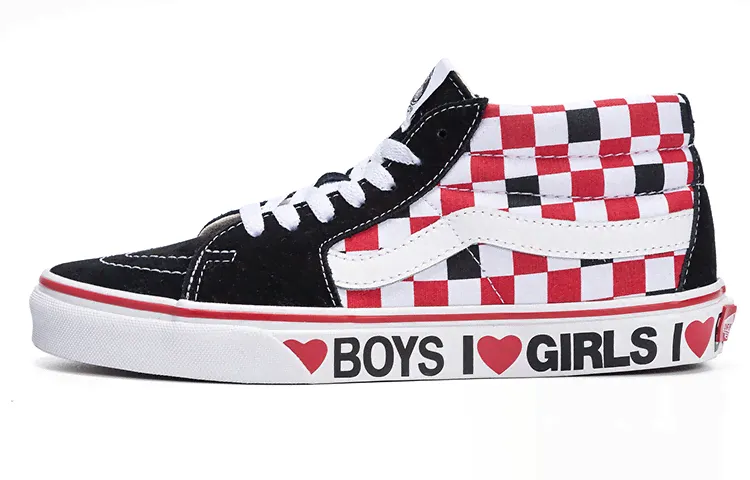 Vans SK8 I Heart checkerboard Valentine's Day limited mid-top sneakers for men and women with the same style black, red and white-0